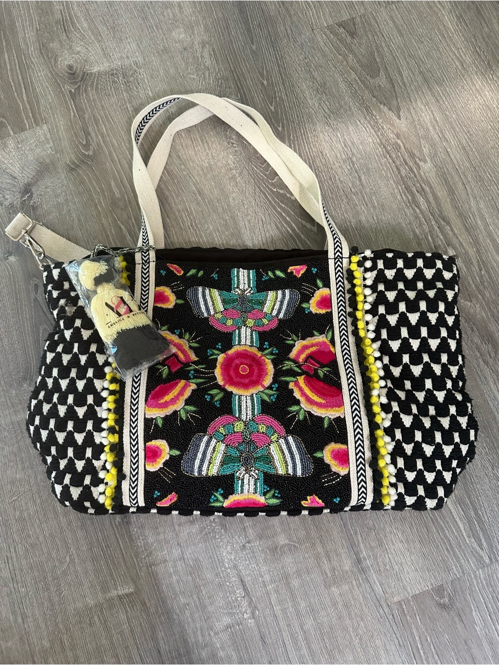 Embroidered Black Floral Tote with Yellow Trim